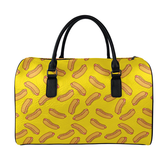 Yellow Hot Dog Pattern Print Leather Duffle Bag