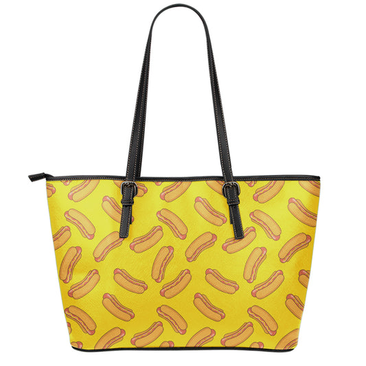 Yellow Hot Dog Pattern Print Leather Tote Bag