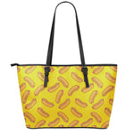 Yellow Hot Dog Pattern Print Leather Tote Bag