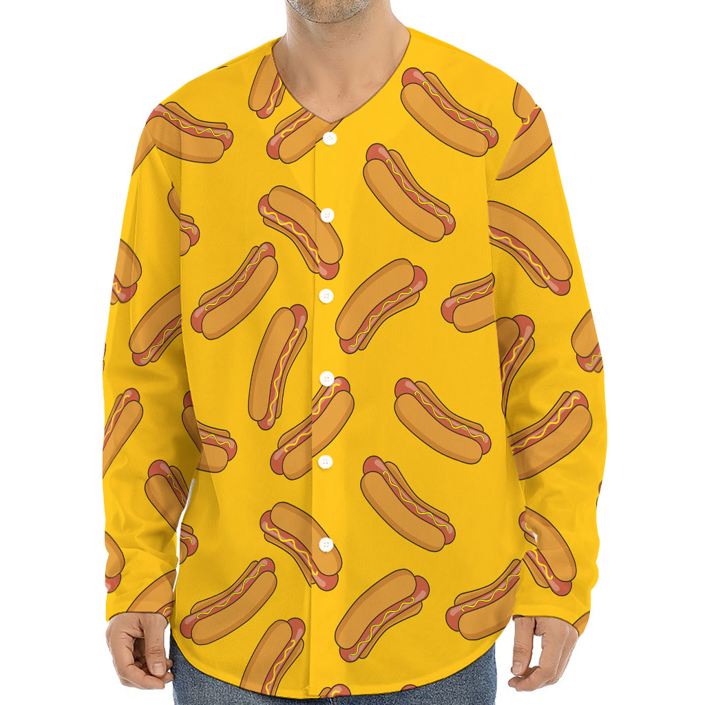 Yellow Hot Dog Pattern Print Long Sleeve Baseball Jersey