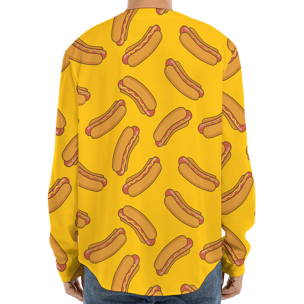 Yellow Hot Dog Pattern Print Long Sleeve Baseball Jersey