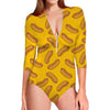 Yellow Hot Dog Pattern Print Long Sleeve Swimsuit