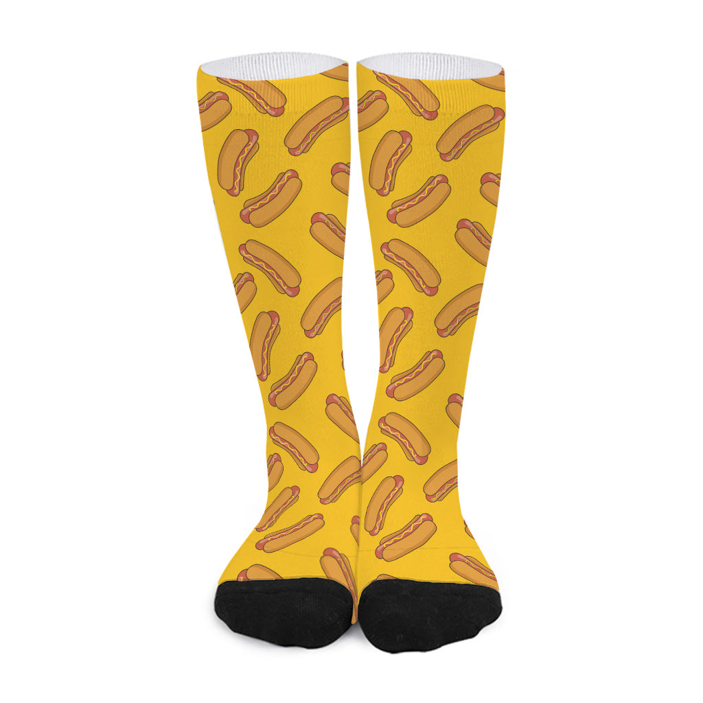 Yellow Hot Dog Pattern Print Long Socks