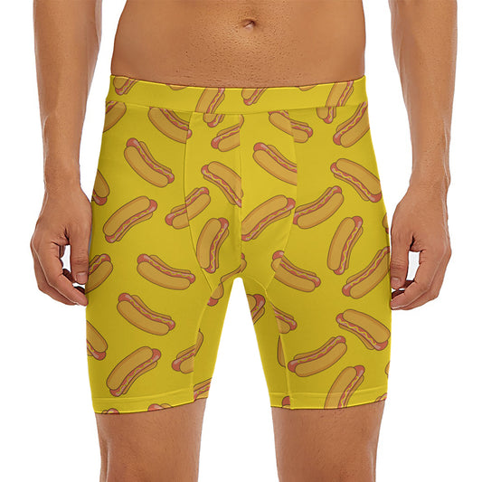 Yellow Hot Dog Pattern Print Men's Long Boxer Briefs