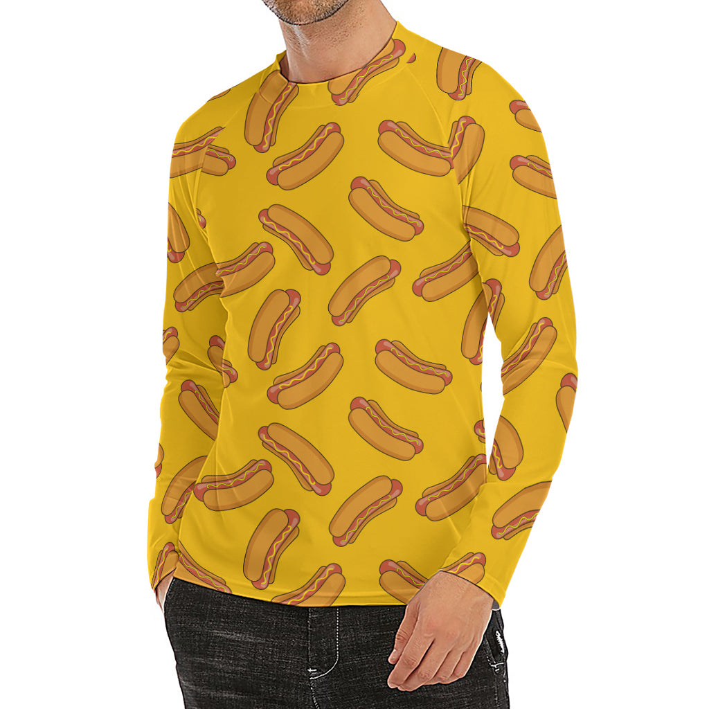 Yellow Hot Dog Pattern Print Men's Long Sleeve Rash Guard
