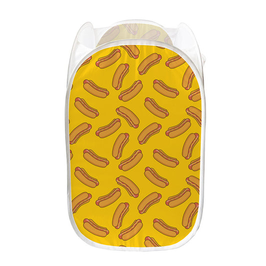 Yellow Hot Dog Pattern Print Mesh Laundry Hamper