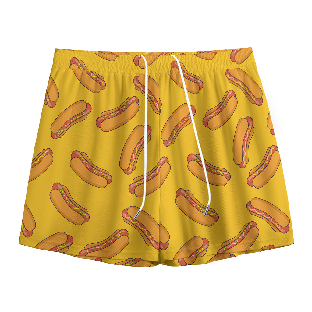 Yellow Hot Dog Pattern Print Mesh Shorts