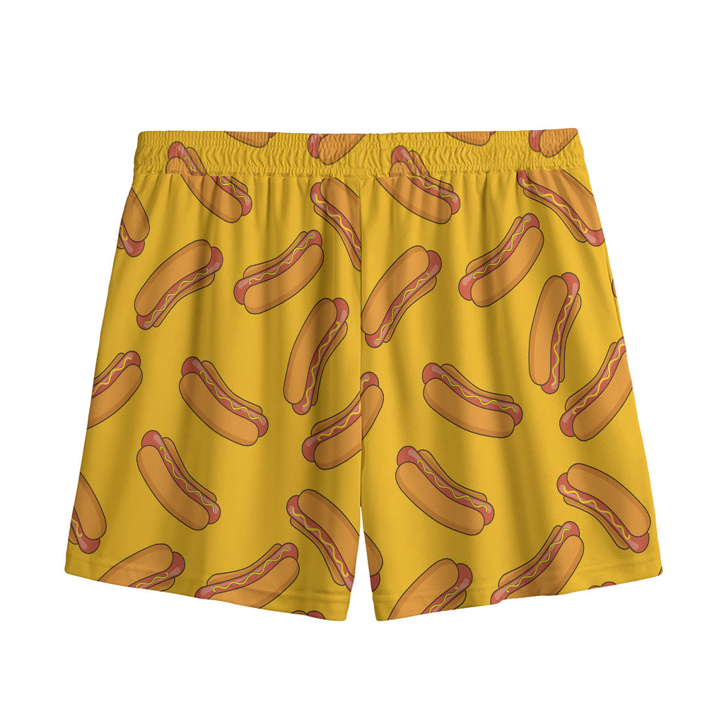 Yellow Hot Dog Pattern Print Mesh Shorts