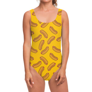 Yellow Hot Dog Pattern Print One Piece Swimsuit