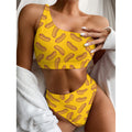 Yellow Hot Dog Pattern Print One Shoulder Bikini Set
