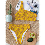 Yellow Hot Dog Pattern Print One Shoulder Bikini Top