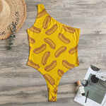 Yellow Hot Dog Pattern Print One Shoulder Bodysuit