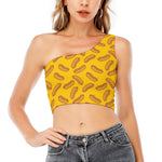 Yellow Hot Dog Pattern Print One Shoulder Crop Top