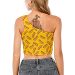 Yellow Hot Dog Pattern Print One Shoulder Crop Top