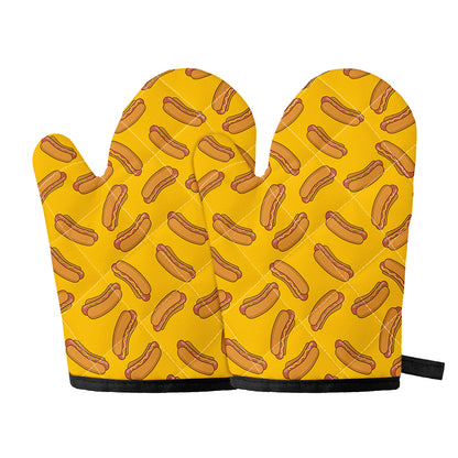 Yellow Hot Dog Pattern Print Oven Mitts