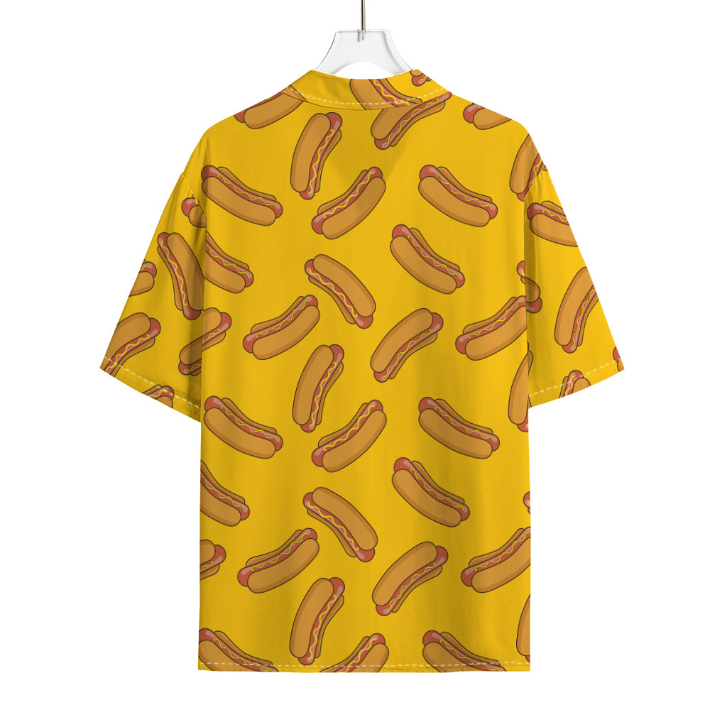 Yellow Hot Dog Pattern Print Rayon Hawaiian Shirt