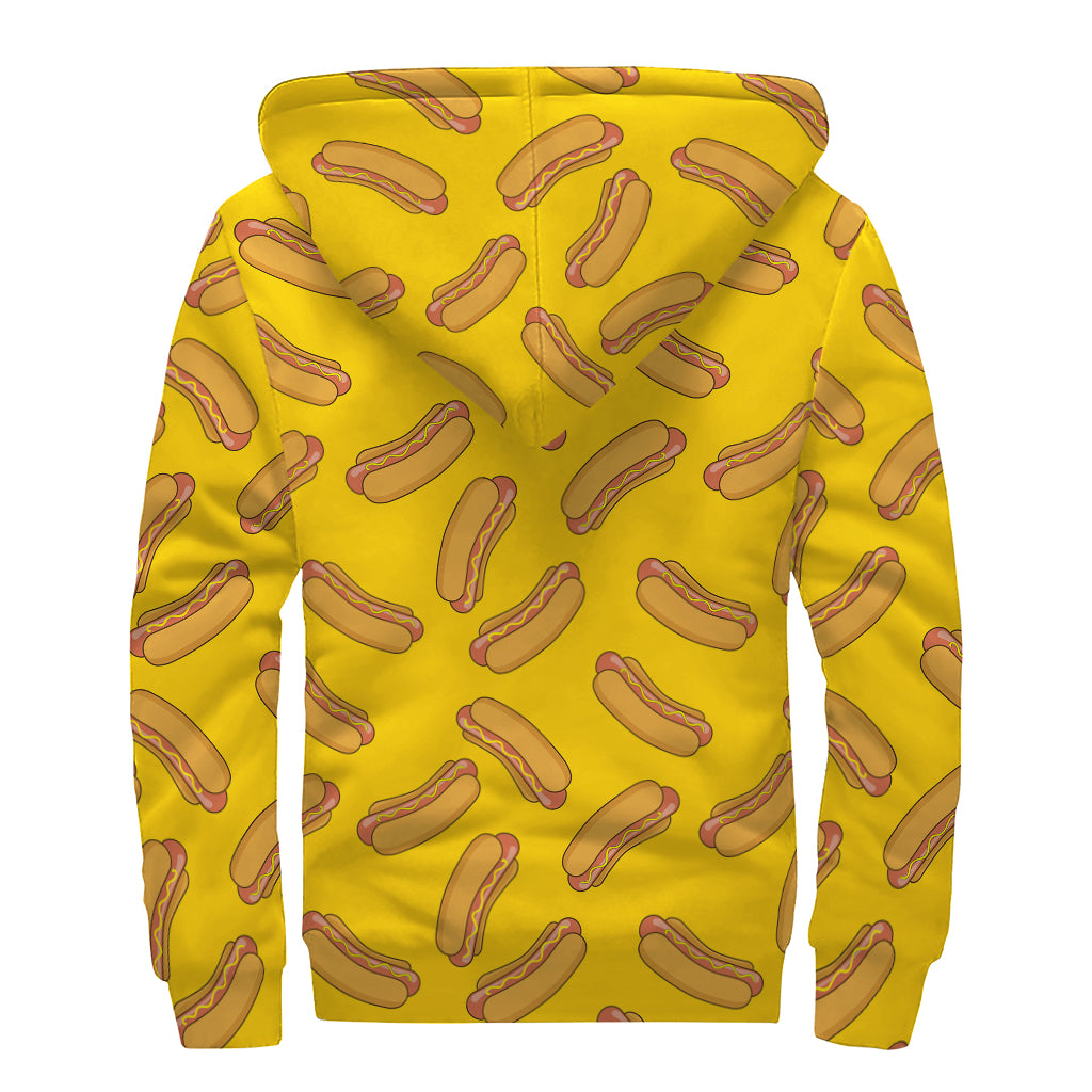 Yellow Hot Dog Pattern Print Sherpa Lined Zip Up Hoodie