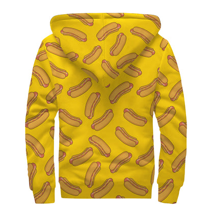 Yellow Hot Dog Pattern Print Sherpa Lined Zip Up Hoodie
