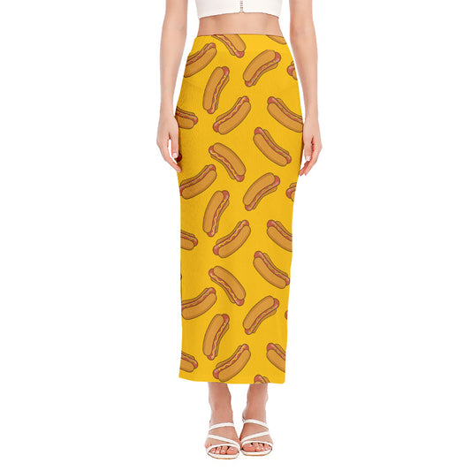 Yellow Hot Dog Pattern Print Side Slit Maxi Skirt