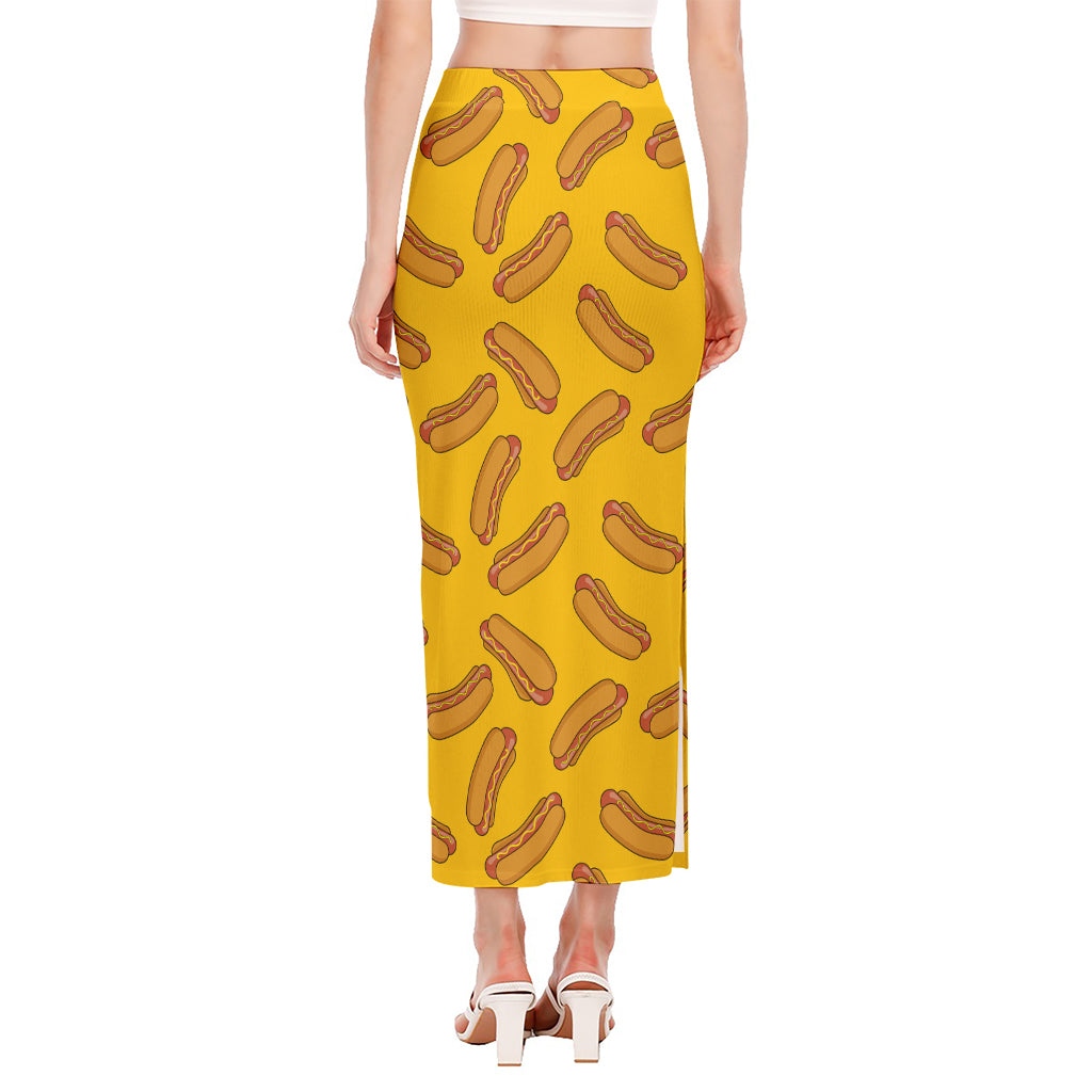 Yellow Hot Dog Pattern Print Side Slit Maxi Skirt