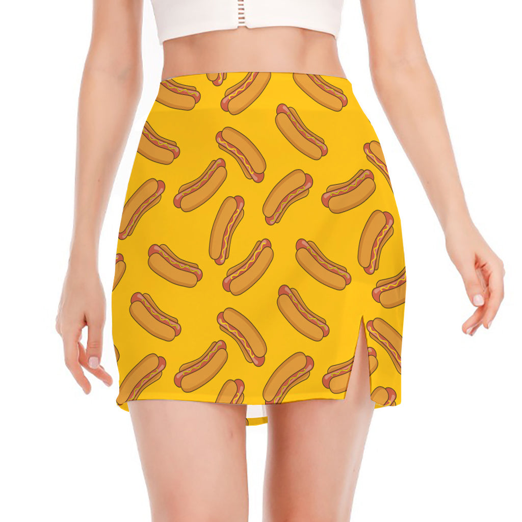 Yellow Hot Dog Pattern Print Side Slit Mini Skirt