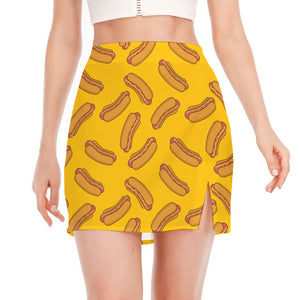 Yellow Hot Dog Pattern Print Side Slit Mini Skirt