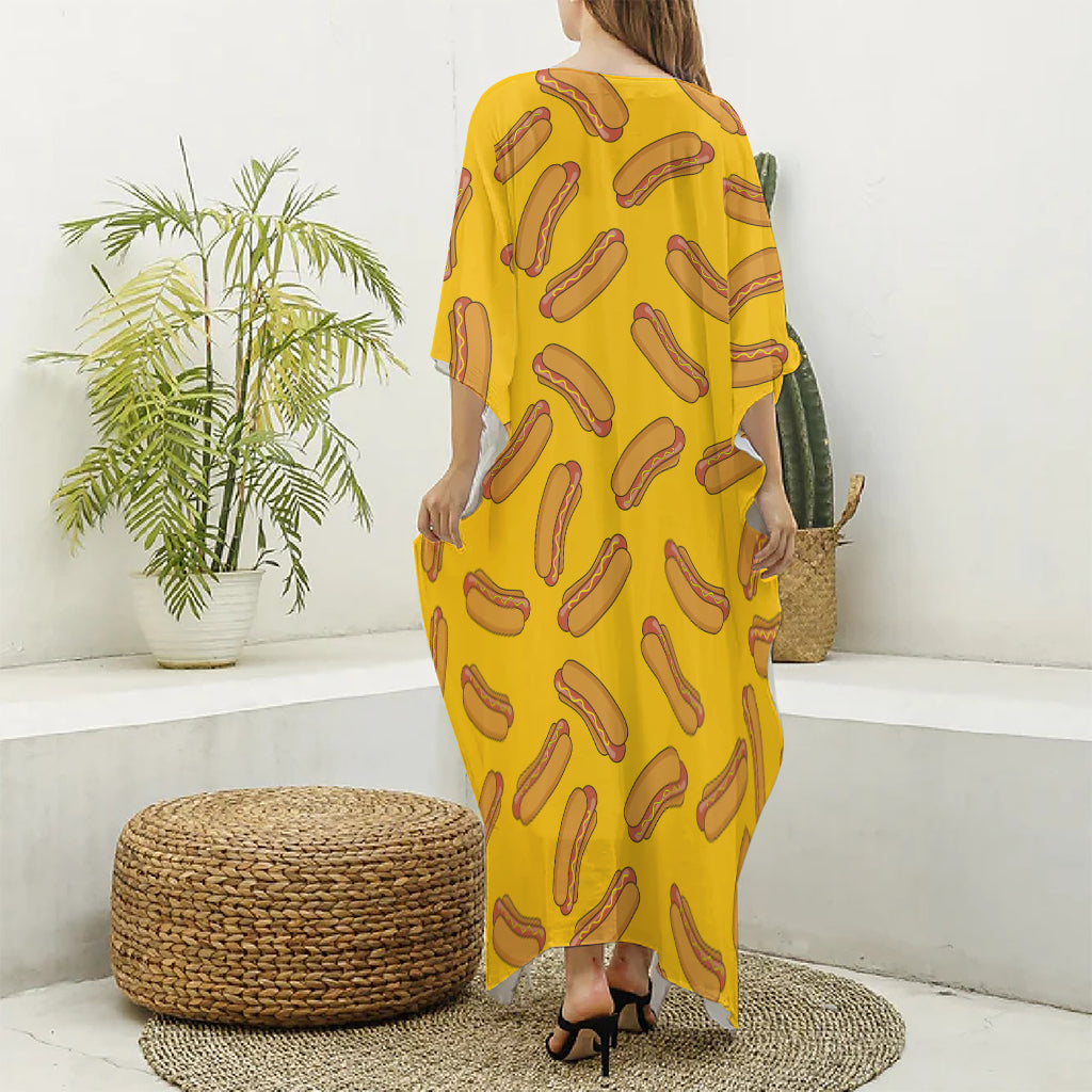 Yellow Hot Dog Pattern Print Silk V-Neck Kaftan Dress