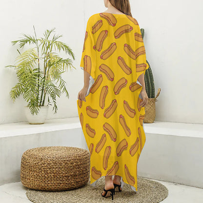 Yellow Hot Dog Pattern Print Silk V-Neck Kaftan Dress