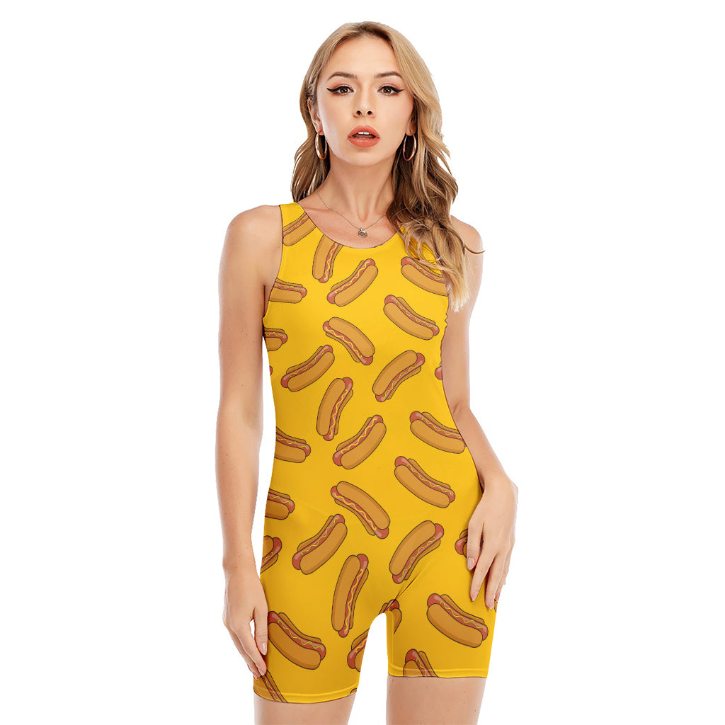 Yellow Hot Dog Pattern Print Sleeveless One Piece Swimsuit