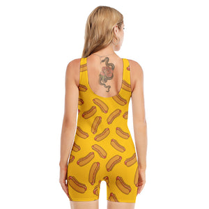 Yellow Hot Dog Pattern Print Sleeveless One Piece Swimsuit