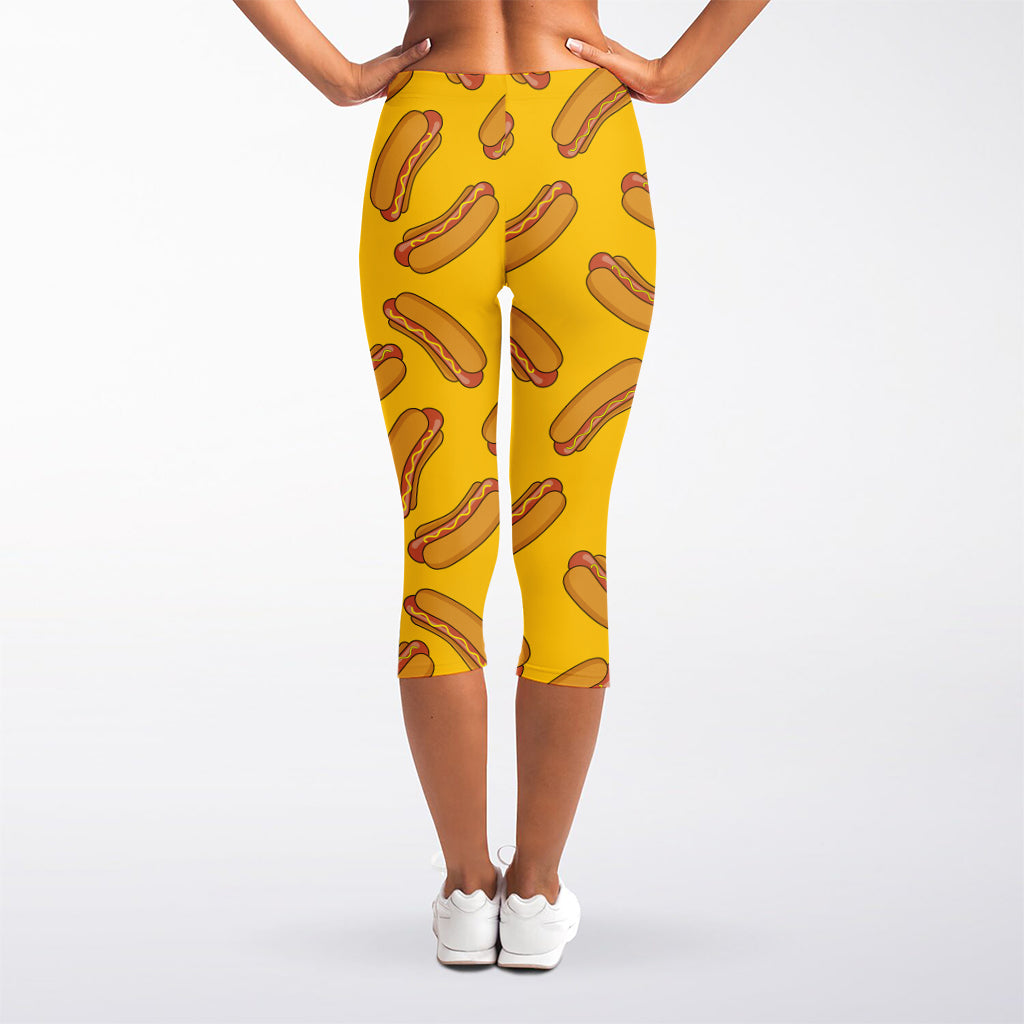 Yellow Hot Dog Pattern Print Women's Capri Leggings