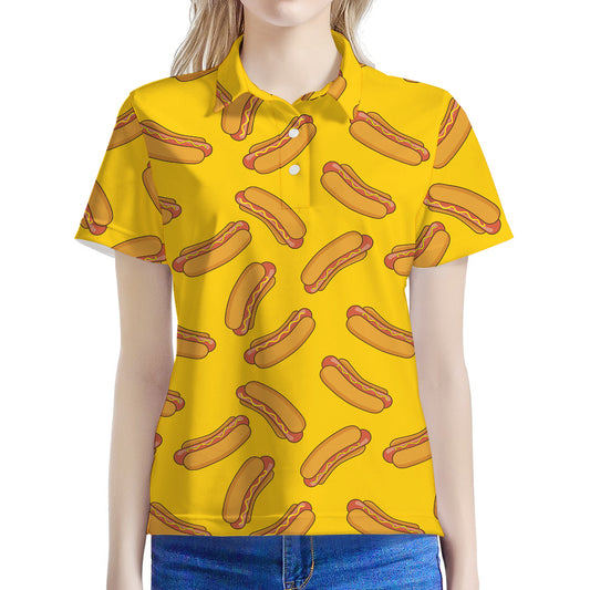 Yellow Hot Dog Pattern Print Women's Polo Shirt