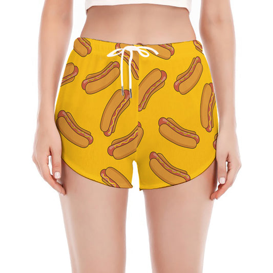 Yellow Hot Dog Pattern Print Women's Split Running Shorts