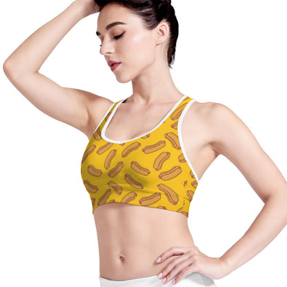 Yellow Hot Dog Pattern Print Women's Sports Bra