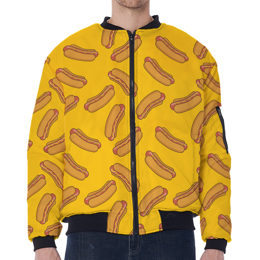 Yellow Hot Dog Pattern Print Zip Sleeve Bomber Jacket