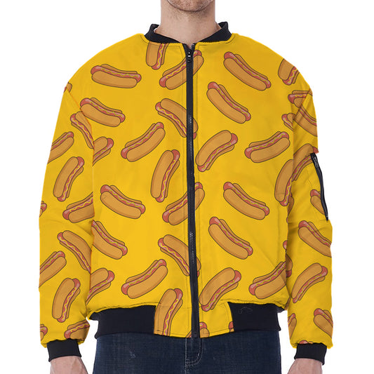 Yellow Hot Dog Pattern Print Zip Sleeve Bomber Jacket