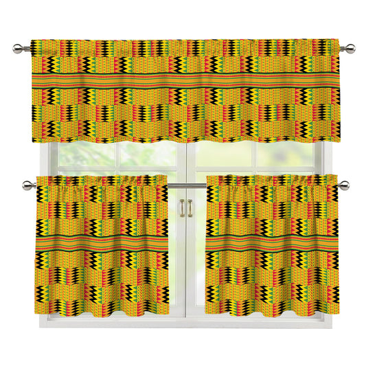 Yellow Kente Pattern Print 3 Piece Kitchen Curtains