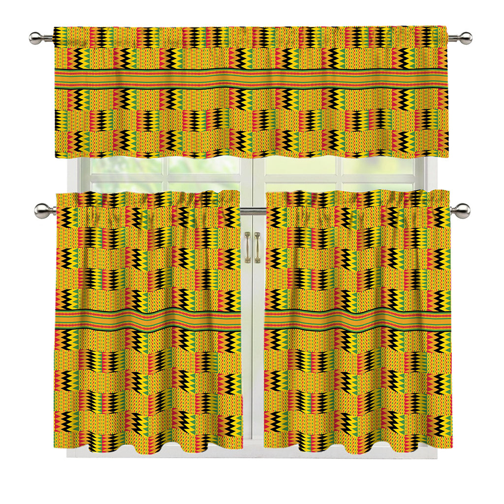 Yellow Kente Pattern Print 3 Piece Kitchen Curtains