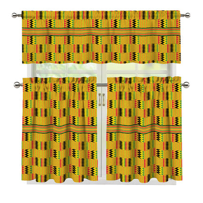 Yellow Kente Pattern Print 3 Piece Kitchen Curtains