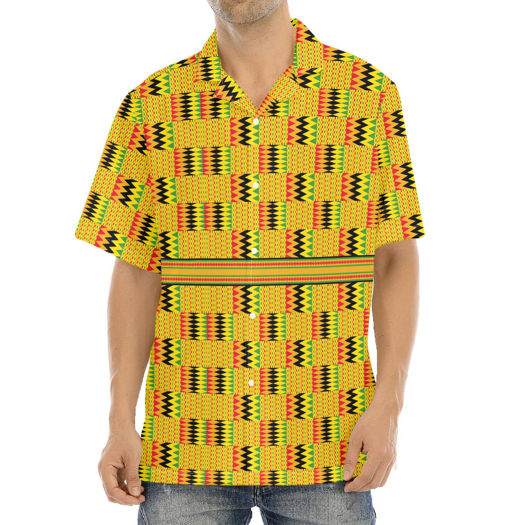 Yellow Kente Pattern Print Aloha Shirt