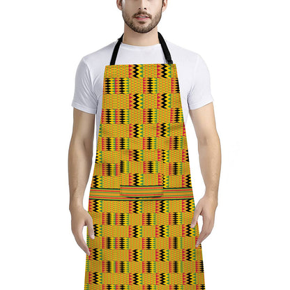 Yellow Kente Pattern Print Bib Apron With Pocket