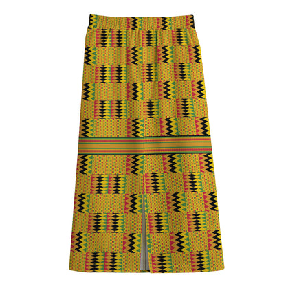 Yellow Kente Pattern Print Cotton Front Slit Maxi Skirt