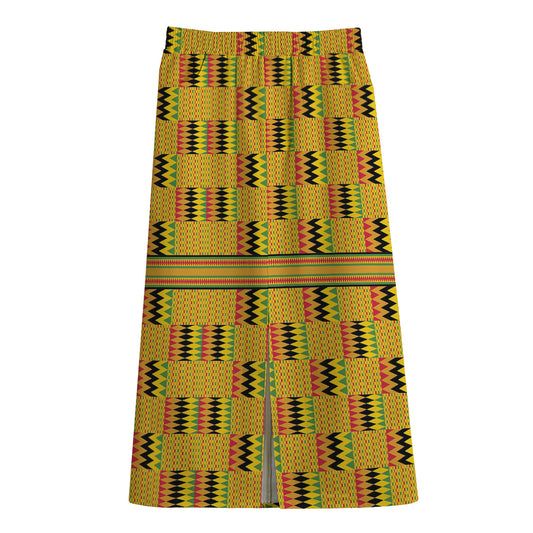 Yellow Kente Pattern Print Cotton Front Slit Maxi Skirt