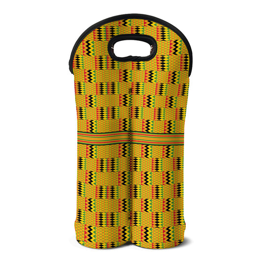 Yellow Kente Pattern Print Double Neoprene Wine Tote