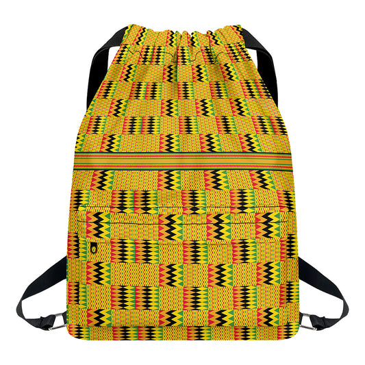 Yellow Kente Pattern Print Drawstring Backpack