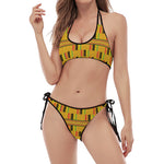 Yellow Kente Pattern Print Halter Scoop Tie Side Bikini