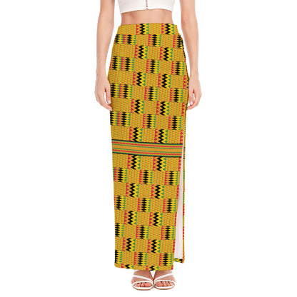 Yellow Kente Pattern Print High Slit Maxi Skirt