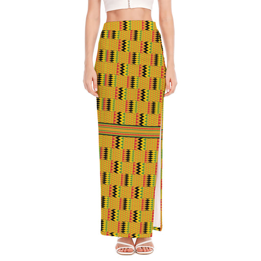 Yellow Kente Pattern Print High Slit Maxi Skirt