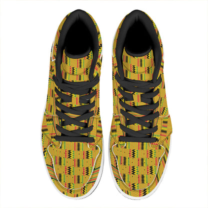 Yellow Kente Pattern Print High Top Leather Sneakers