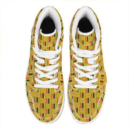 Yellow Kente Pattern Print High Top Leather Sneakers